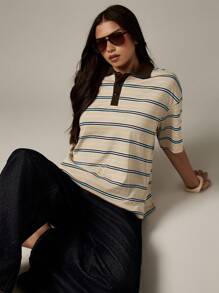 MISSGUIDED 复古条纹橄榄球 Polo 衫休闲学院风超大长款半袖领秋冬日常时尚必备 - 彩色 - 查看 1