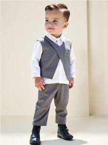 SHEIN 3pcs/Set Toddler Boys' Casual Preppy White Outfit,Oversized V-Neck Sleeveless Vest,Long Sleeve Shirt&Pants,Summer Wedding Guest Birthday Party Suit - Multicolor - View 1