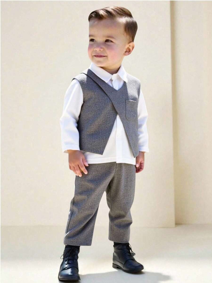 SHEIN 3pcs/Set Toddler Boys' Casual Preppy White Outfit,Oversized V-Neck Sleeveless Vest,Long Sleeve Shirt&Pants,Summer Wedding Guest Birthday Party Suit - Multicolor - View 1