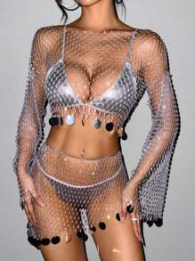 EgrlEra 2pcs Women's Rhinestone Fishnet Accessories Set, Sparkling Rhinestone Embellished Suitable For Bar, Party, Music Festival, Club Outfit