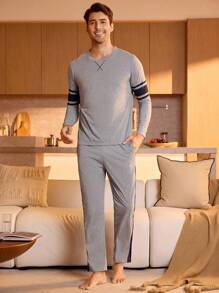 SHEIN Provexi Men Striped Print PJ Set / Pajama Set, Fall Winter Clothes - Light Grey - View 3