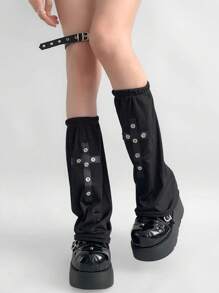 ROMWE Grunge Punk Quần giữ ấm chân giữa bắp chân bằng kim loại thêu chữ thập Gothic tối màu thời trang Y2K, thích hợp cho kỳ nghỉ, tiệc tùng, mua sắm, chụp ảnh, Halloween - màu đen - Xem 2