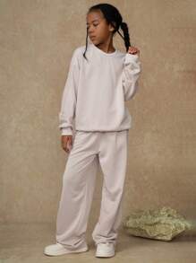 SHEIN Explorewe 2pcs/Set American Vintage Pastel Girls Oversized Crew Neck Sweatshirt And Straight Leg Casual Pants,Khaki Solid Color Autumn Back To School Outfit - Apricot - View 4