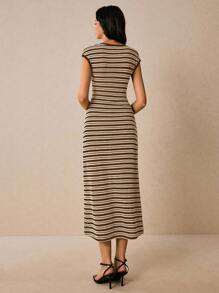 Poéselle Women's Casual Striped Round Neck Dress, Summer - Brown - View 3