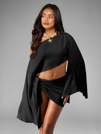 MISSGUIDED Beach Linen Feel Co Ord Set Cover Up Long Bell Sleeve Wrap Style Resort Wear Summer Holiday Swimsuit Cover Up Beachwear