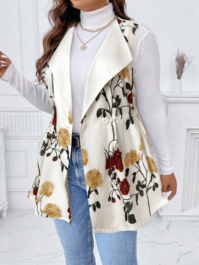 SHEIN Clasi Plus Size Casual Floral Print Drawstring Waist Sleeveless Jacket