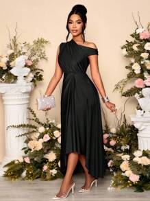 SOLERSUN 女式春夏时尚优雅约会派对紫色弹力针织舒适褶皱细节垂坠连衣裙不对称领口不对称下摆开衩长裙 - 黑色 - 查看 1