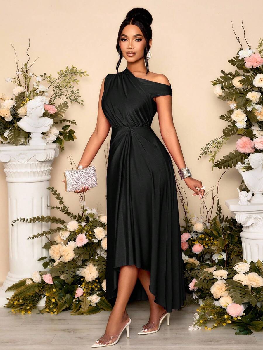 SOLERSUN 女式春夏时尚优雅约会派对紫色弹力针织舒适褶皱细节垂坠连衣裙不对称领口不对称下摆开衩长裙 - 黑色 - 查看 1