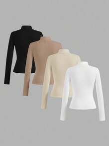 SHEIN Essnce 4 件套女士休闲修身立领长袖 T 恤，秋冬 - 彩色 - 查看 2