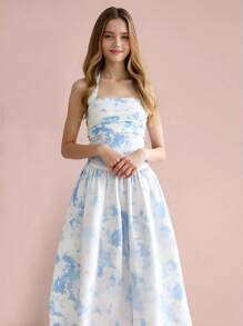 Tween Girls' Floral Pattern Elegant Holiday Halter Dress - Baby Blue - View 1