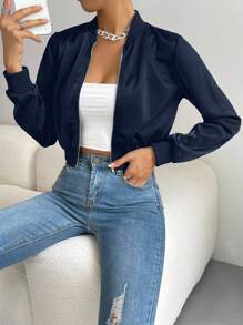 SHEIN EZwear Chaqueta bomber corta con cremallera de color sólido para primavera/invierno - Azul Marino - Ver 5