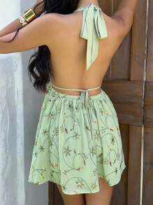 Lyxana Women's Casual Vacation Sequins Chiffon Embroidered Halter Ruched Backless Bowknot Mini Dress, Summer - Green - View 2