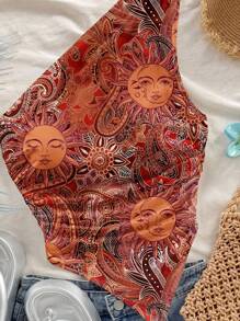 Soleia Blusa de hombro con bajo asimétrico con estampado de paisley en forma de sol vintage, apropiada para el estilo de vacaciones de verano