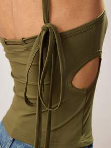 Maija Olive Green Cutout Single Shoulder Strap Women's Tank Top, Casual Design Festival Comfy Versatile For Spring & Summer - Green - View 3