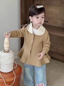 DAZY 女婴撞色翻领长袖单排扣荷叶边下摆可爱开衫 幼儿女童服装 - 卡其色 - 查看 1