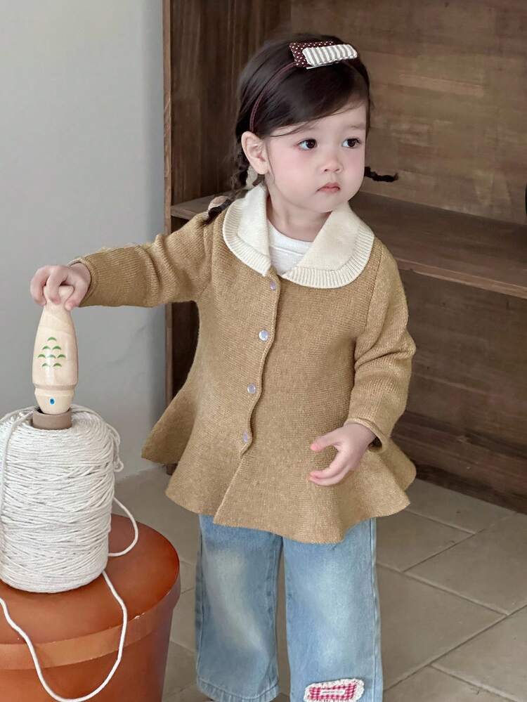 Baby Girl Contrast Color Lapel Long Sleeve Single-Breasted Ruffle Hem Cute Cardigan Toddler Girls Clothes