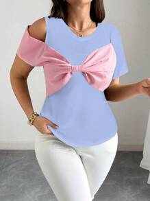 Elenzga Plus Size Faux Bow Decoration Contrast Color Elegant Short Sleeve T-Shirt - Mauve Purple - View 5