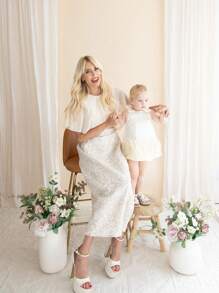 可爱优雅的杏色花朵蝴蝶结无袖女婴连衣裙 - 杏色 - 查看 11