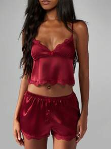 MISSGUIDED 奢华缎面蕾丝边吊带睡衣套装甜心领口短款睡衣家居服礼物情人节睡衣 - 紅色 - 查看 7