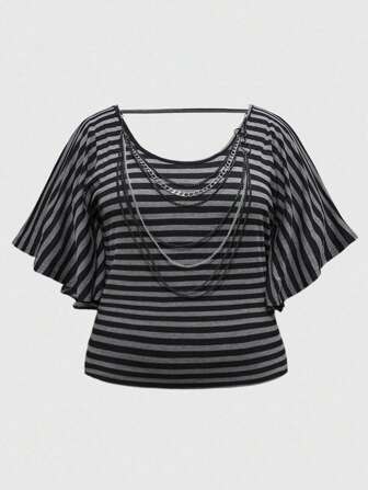 Grunge Punk قميص بأكمام خفافيش مقاس كبير بخطوط رمادي وأسود مزين بسلسلة من الطراز الرجعي البانك