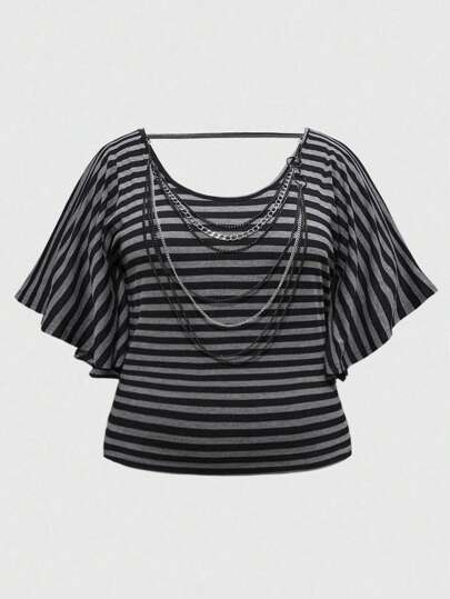 Grunge Punk قميص بأكمام خفافيش مقاس كبير بخطوط رمادي وأسود مزين بسلسلة من الطراز الرجعي البانك