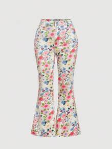 SHEIN MOD 大码女式花卉印花休闲喇叭牛仔裤 - 彩色 - 查看 1