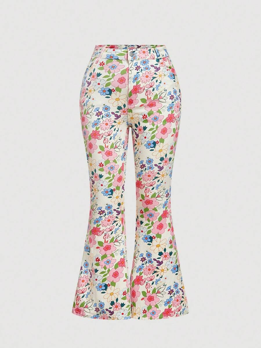 SHEIN MOD 大码女式花卉印花休闲喇叭牛仔裤 - 彩色 - 查看 1