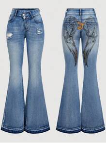 SHEIN MOD Quần Jeans Ống Loe Denim Nữ Có Thêu Hình Cánh Chim - Màu xanh lam - Xem 3