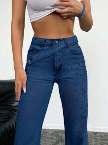 EURMUSE Women's Casual Washed Rhinestone Straight Leg Jeans - Dusty Blue - View 4