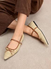 Rosivie 女式复古编织尖头平底鞋，带蝴蝶结扣，休闲度假风格乐福鞋