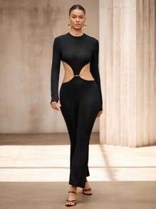 SHEIN Unity Tuta da donna con fibbia metallica e retro aperto, elegante e sexy, aderente, adatta per primavera e autunno, colore nero - nero - Visualizzare 9