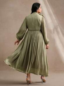 Anewsta 大码女式连衣裙，腰部褶皱，光泽面料，优雅百搭，适合春秋季节 - 綠色 - 查看 2