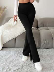 EURMUSE Petite Size Women's Solid Color High Waist Flared Casual Leggings - Black - View 3