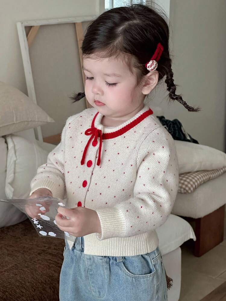 Baby Girl Casual Cute Polka Dot Pattern Colorblock Bow Decor Cardigan Toddler Girls Clothes