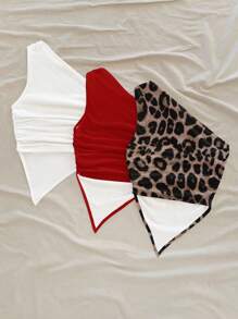Soleia 3 件套性感豹纹组合（白色、红色、纯色豹纹）不对称下摆露肩上衣，适合夏季和海滩风格 - 彩色 - 查看 2