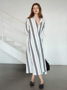 Dazy-Less Langarm gestreiftes Midikleid in lockerer Passform, Casual/Business Formelle Kleidung für Damen, Frühling/Sommer/Herbst