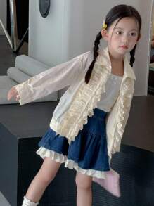 Dazy Kids 女童荷叶边宽松休闲长袖外套 - 杏色 - 查看 5