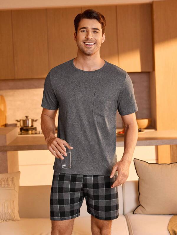 Manfinity Underwear&Sleepwear Basics Men Plaid Print Patched Pocket PJ Set / Pajama Set