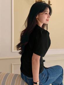 DAZY Women's Cinched Waist Solid Color V-Neck Short Puff Sleeve Blouse Women Tops Elegant