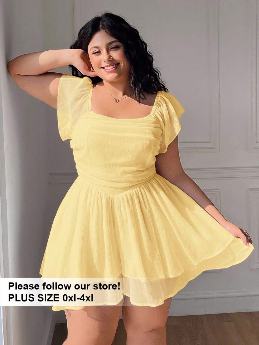 Solflare Plus Size Yellow Chiffon Romper, Vacation Style, Spring/Summer - Yellow - View 1