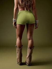 MISSGUIDED High Waisted Textured Hot Pants Festival Summer Beach Shorts With Ornate Belt Detail Western Style Party Bottoms Ribbed Feel - Olive Green - View 2