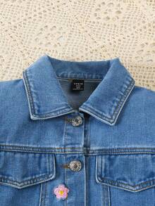 SHEIN Sparklyn 2pcs Set: Embroidered Denim Jacket With Turndown Collar & Asymmetric Hem Skirt, Fashionable & Stylish - Blue - View 6