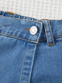 SHEIN Sparklyn 2pcs Set: Embroidered Denim Jacket With Turndown Collar & Asymmetric Hem Skirt, Fashionable & Stylish - Blue - View 7