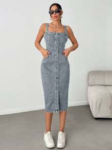 EURMUSE Slant Pocket Button Front Overall Denim Midi Dress - Blue - View 6