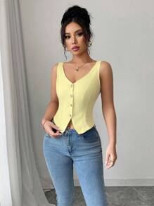 Elenzga Débardeur slim ajusté col V nouveau style printemps et été 2025 - Jaune citron - Voir 3