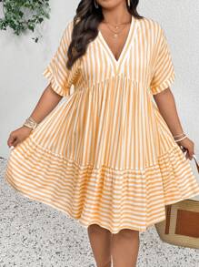 SHEIN Frenchy Plus Size Women Casual Striped Batwing Sleeve Loose Vacation Dress, Summer, Holiday Outfits For Women - Orange - View 4