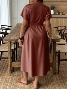 Weeklong Casual & Vacation Style Plus Size Women Solid Color Short Sleeve Single-Breasted Pocket Shirt Dress - Burgundy - View 2