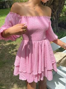 Sunnyshic 女士夏季纯色纹理泡泡袖露肩束腰连衣裙 - 粉色 - 查看 3