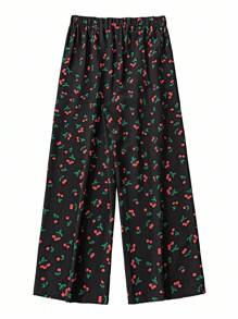 SHEIN Essnce 大码女装春夏时尚休闲宽松舒适清凉日常樱桃印花黑色松紧腰阔腿裤，女式下装，曲线可爱服装，外出装，秋装，宽松裤