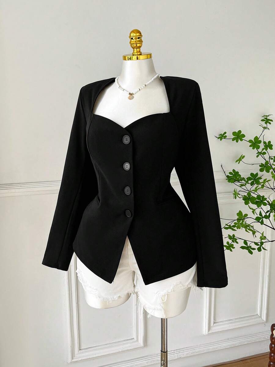 Comfortcana 大码女式甜心领长袖单排扣休闲优雅西装外套